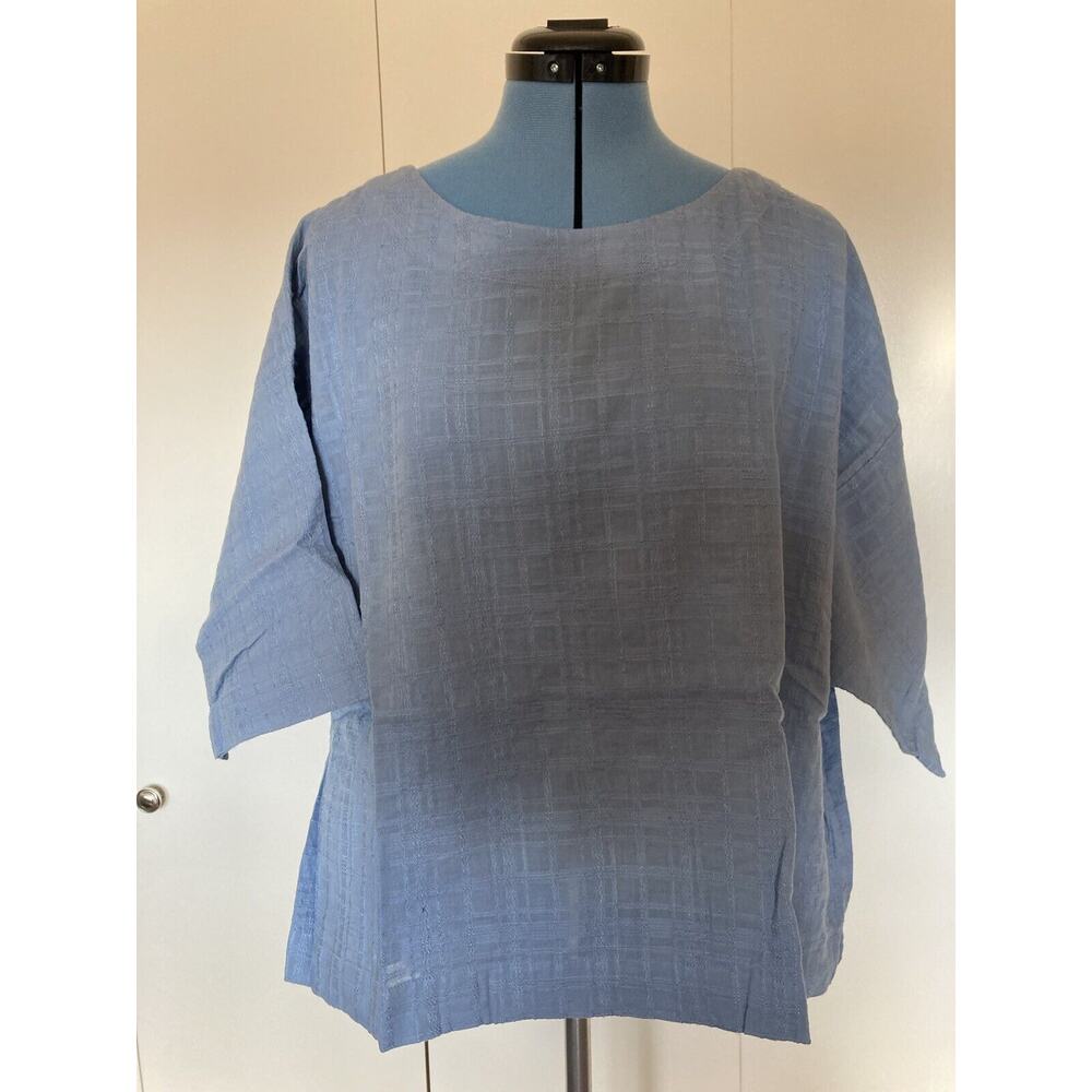 J. Jill Womens Kimono Shirt Powder Blue Plaid Open Weave Cotton Petite Large